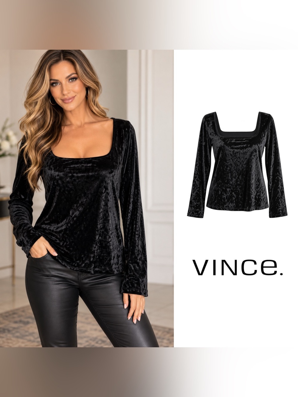 NEW Vince Velour Square Neck Long Sleeve in black